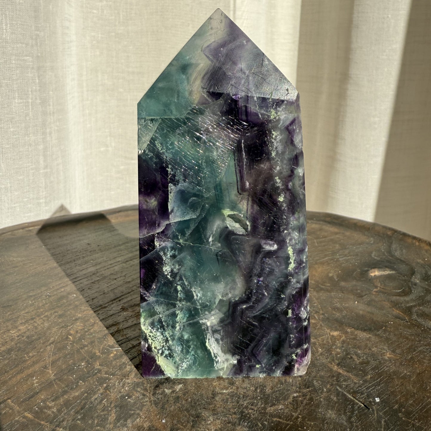 Rainbow Fluorite Wedge with raw edge 001