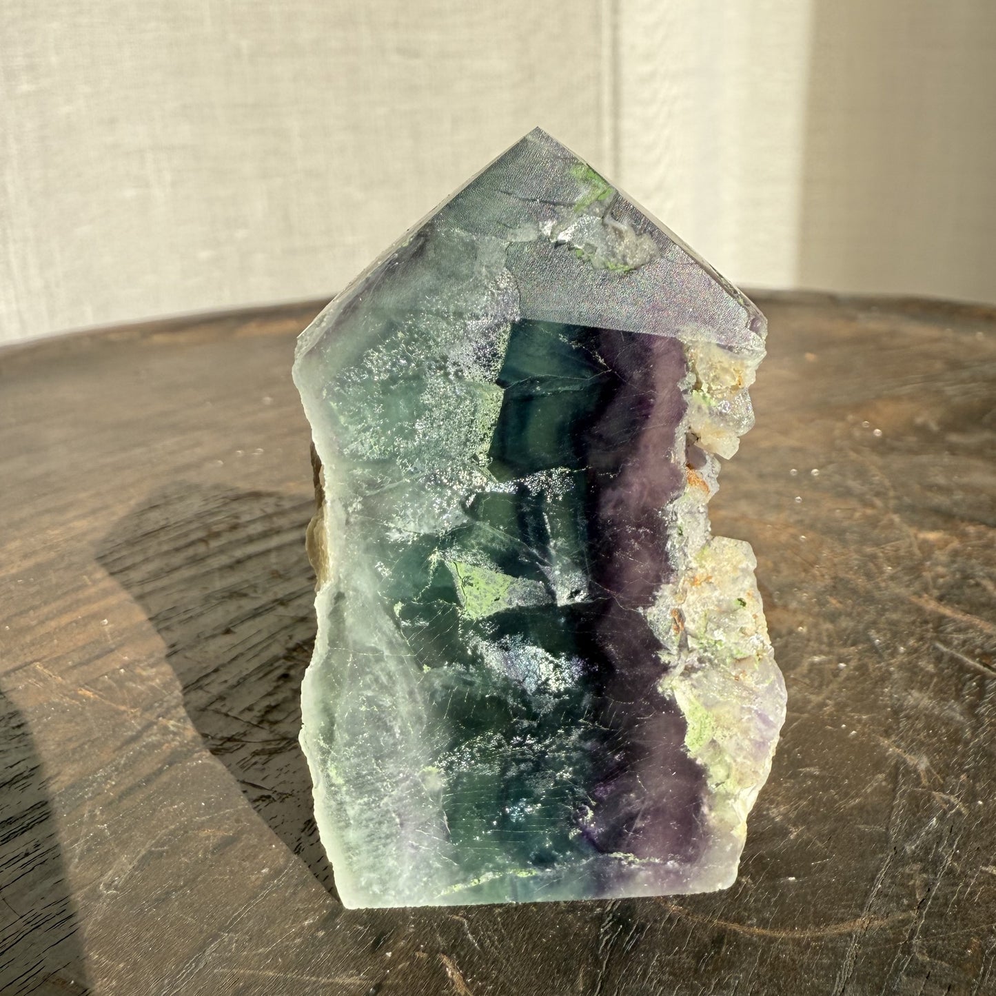 Rainbow Fluorite Wedge with raw edge 006
