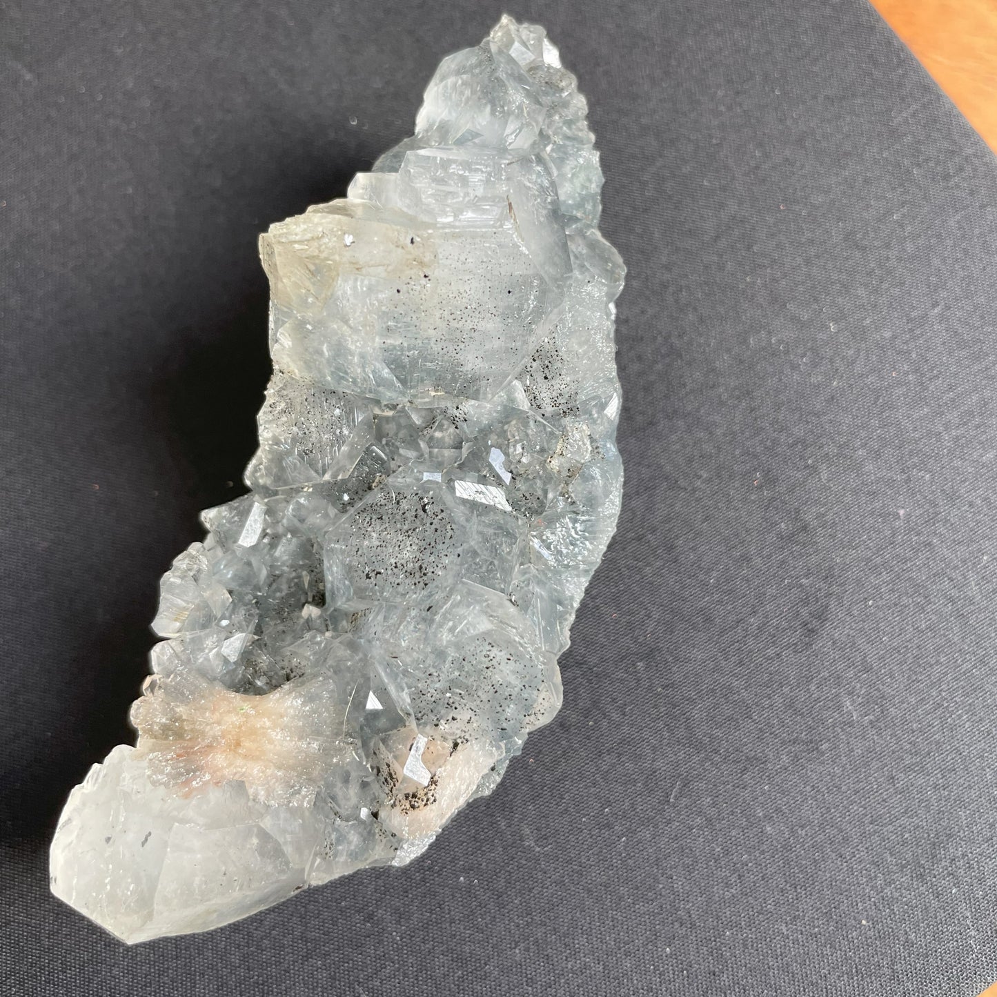 Apophyllite, Peach Stilbite on Dark Blue Chalcedony 009