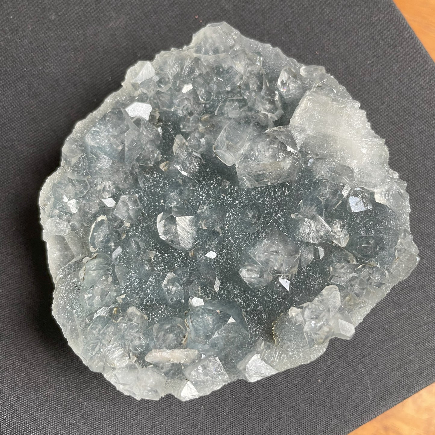 Apophyllite, Peach Stilbite on Dark Blue Chalcedony 012