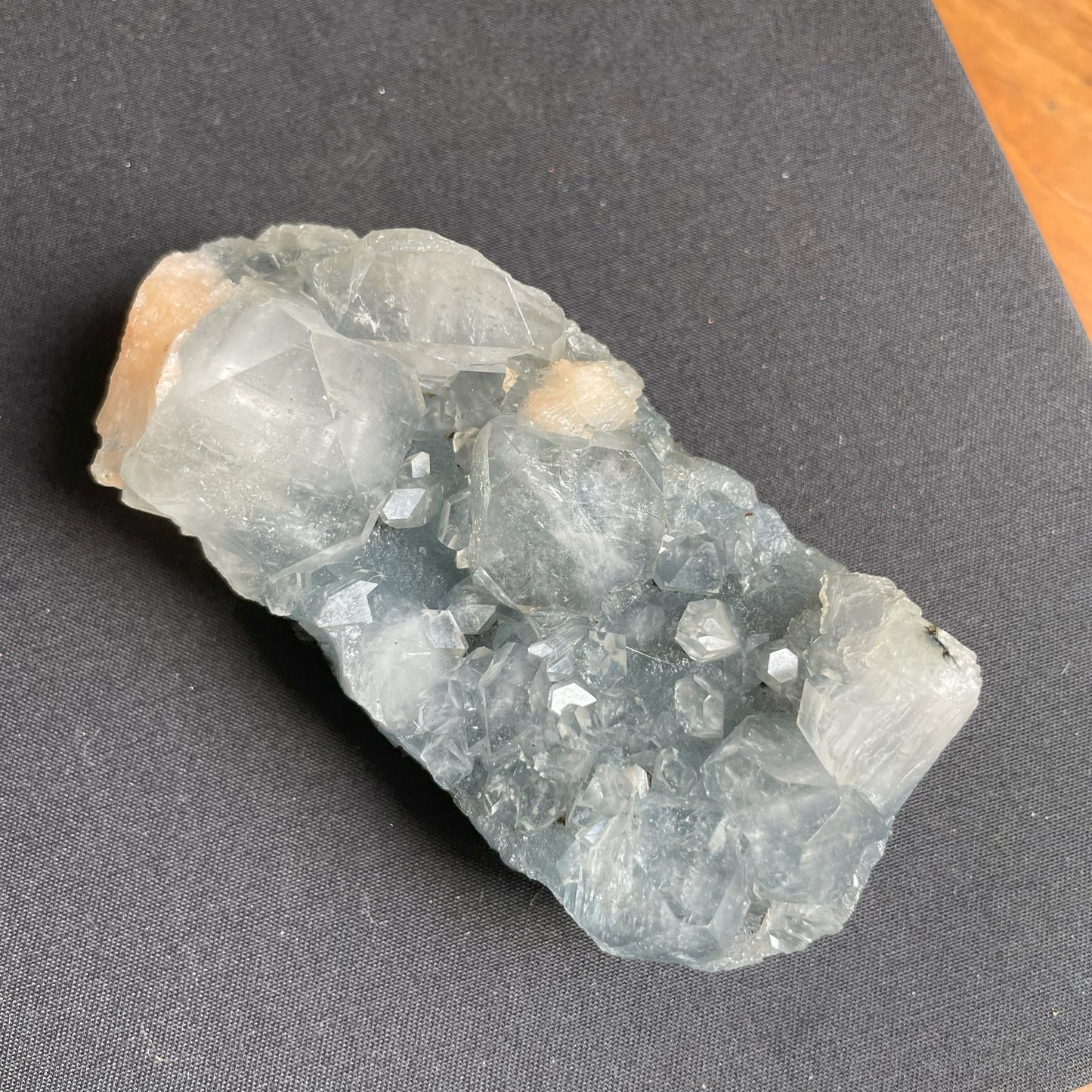 Apophyllite, Peach Stilbite on Dark Blue Chalcedony 011