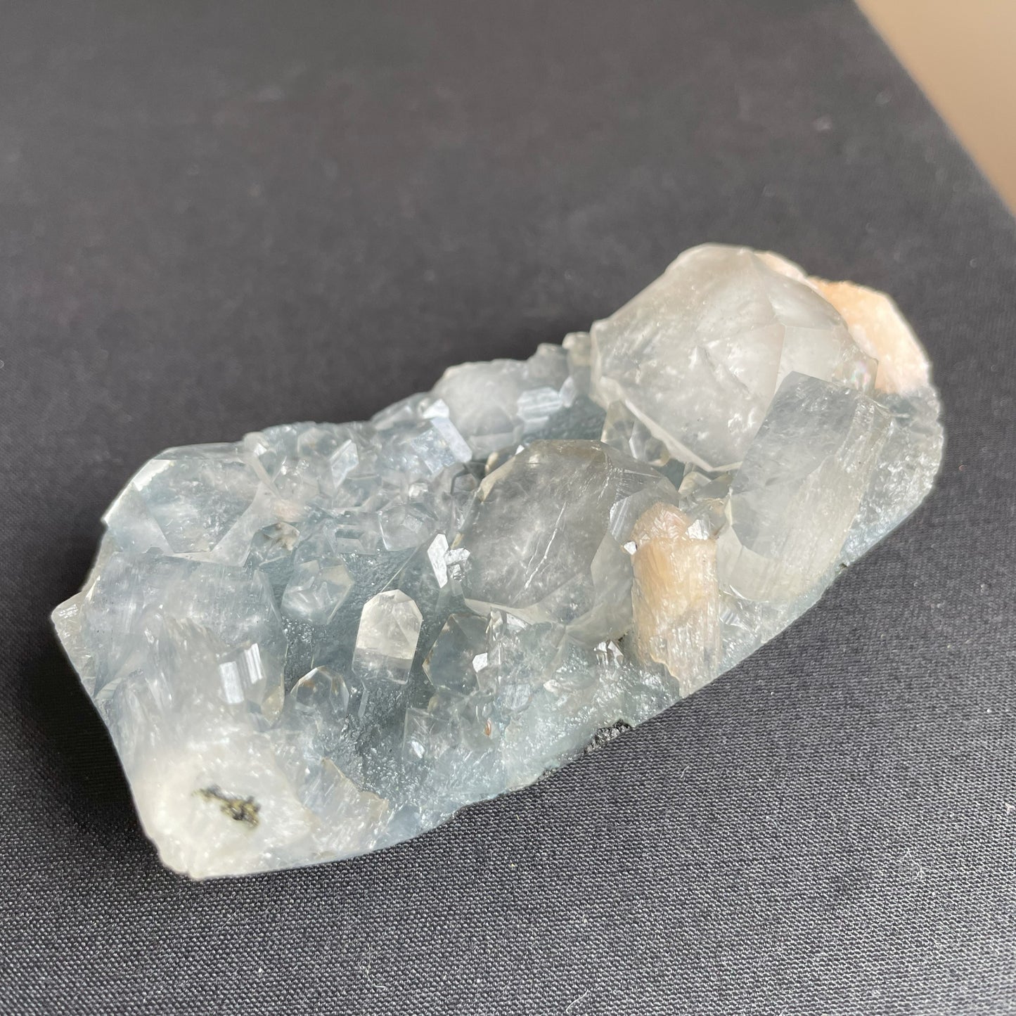 Apophyllite, Peach Stilbite on Dark Blue Chalcedony 011