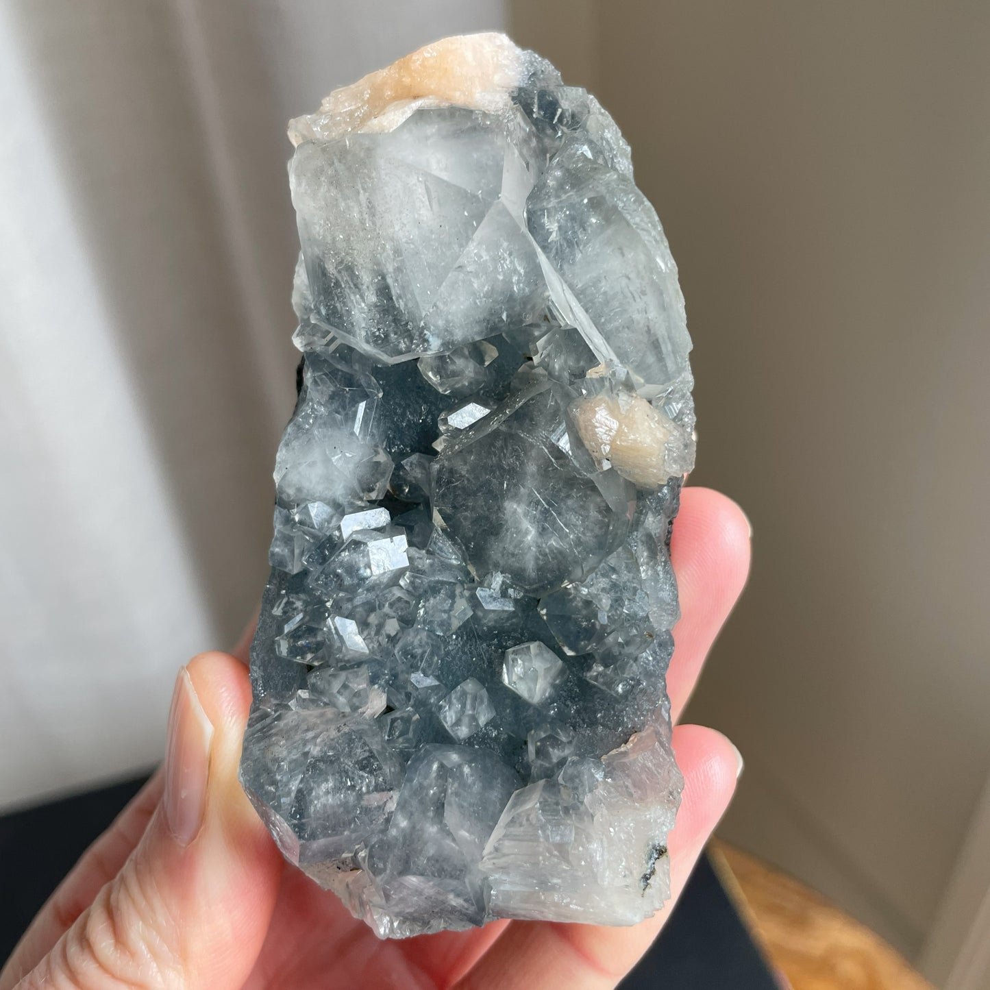 Apophyllite, Peach Stilbite on Dark Blue Chalcedony 011