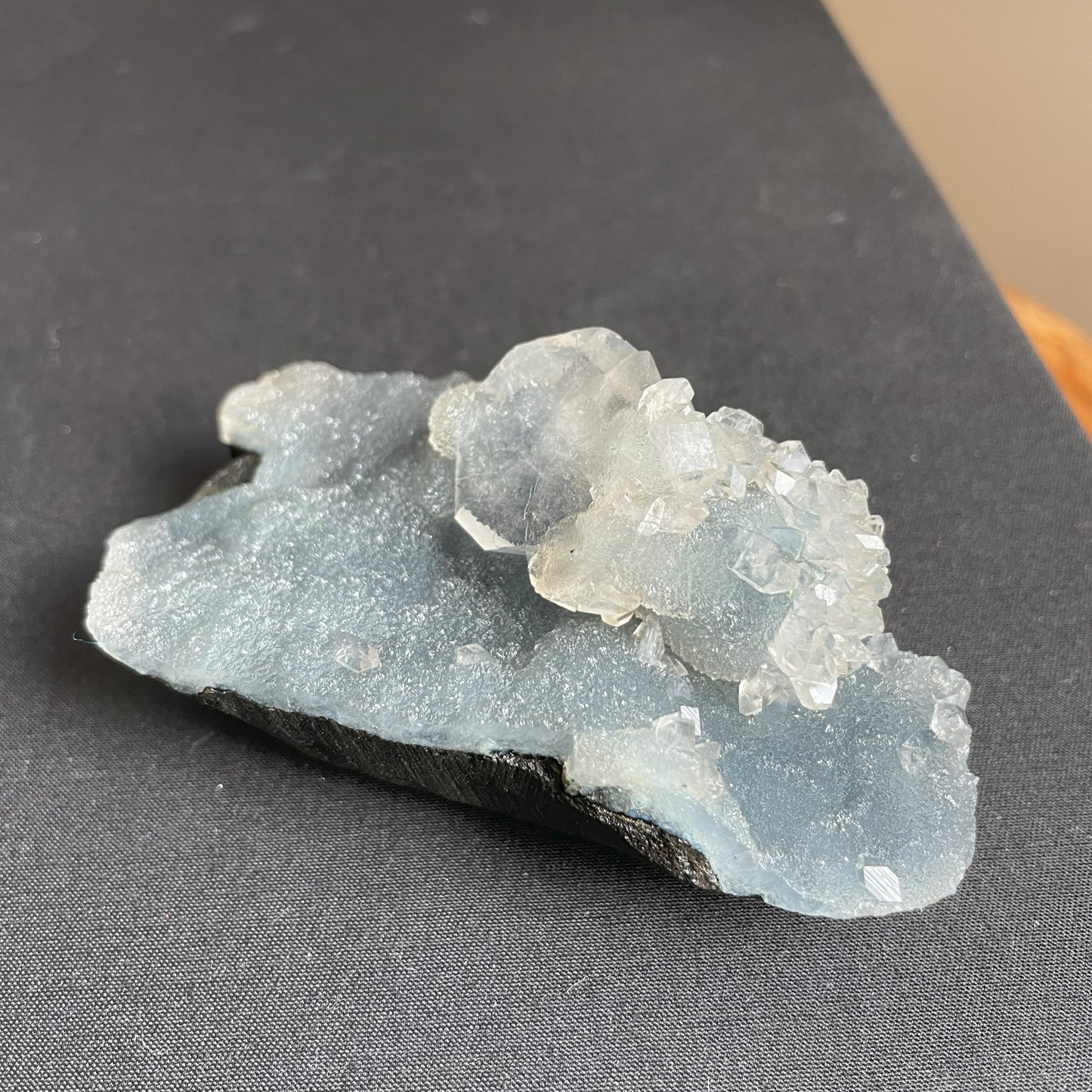 Apophyllite, Peach Stilbite on Dark Blue Chalcedony 008