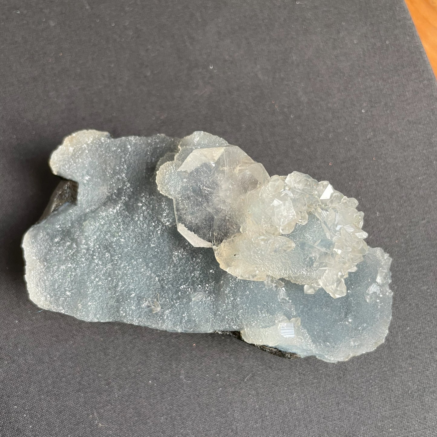 Apophyllite, Peach Stilbite on Dark Blue Chalcedony 008