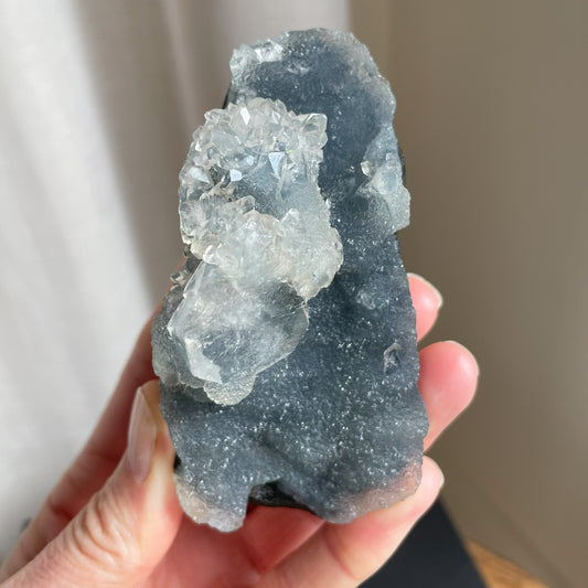 Apophyllite, Peach Stilbite on Dark Blue Chalcedony 008