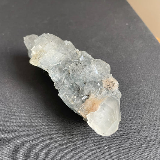 Apophyllite, Peach Stilbite on Dark Blue Chalcedony 009